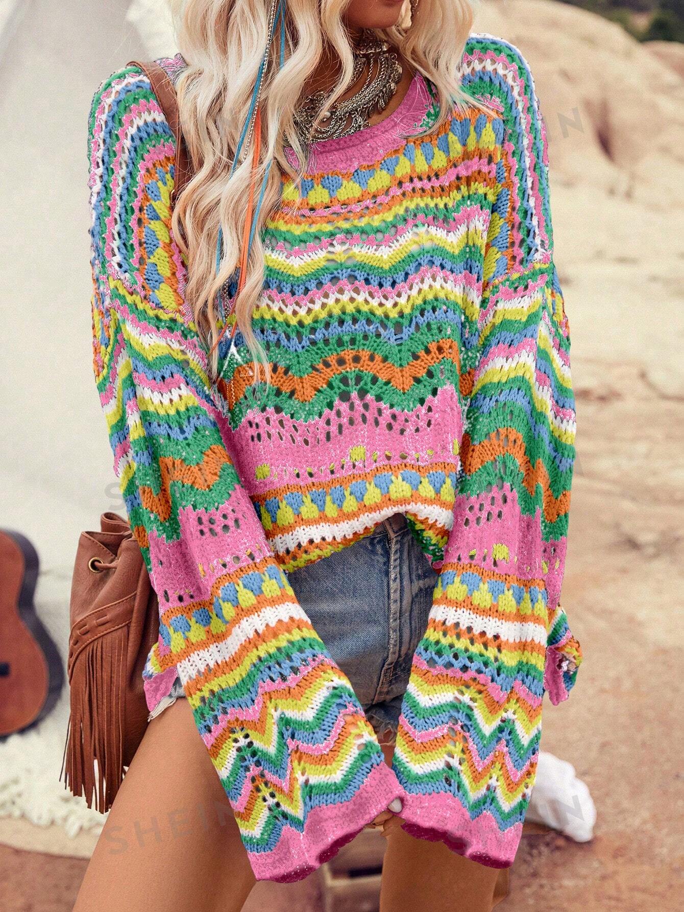 SHEIN VCAY Holiday контрастного цвета, ажурный вязаный свитер оверсайз, многоцветный цена и фото