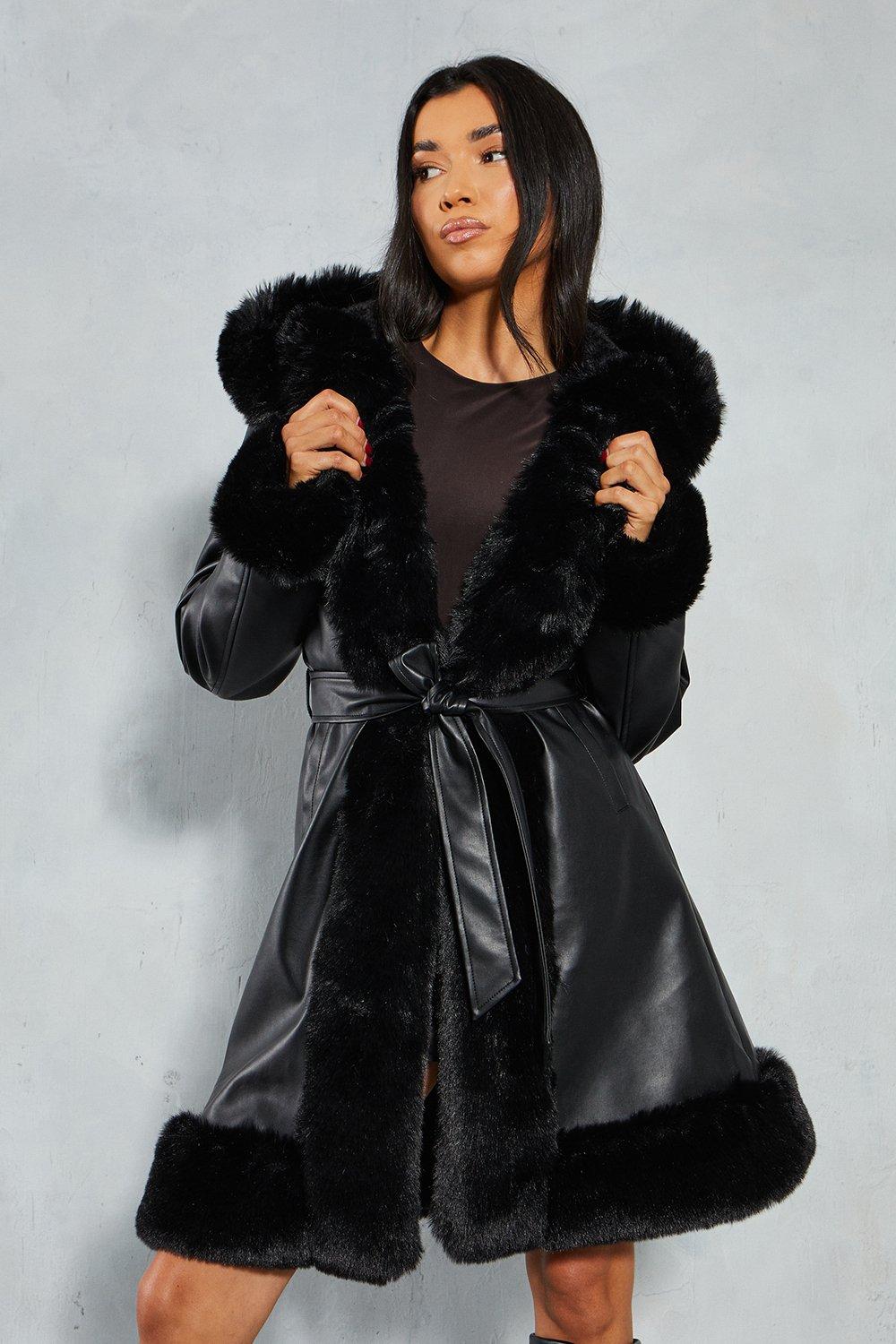 Кожаное пальто миди с поясом из искусственного меха MISSPAP, черный пальто макси с капюшоном из искусственного меха misspap черный