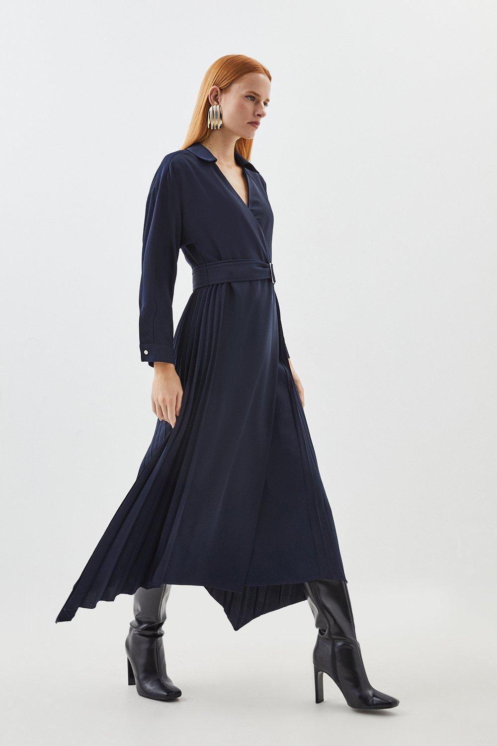 Мягкое приталенное платье-рубашка со складками и поясом Karen Millen, темно-синий цена и фото