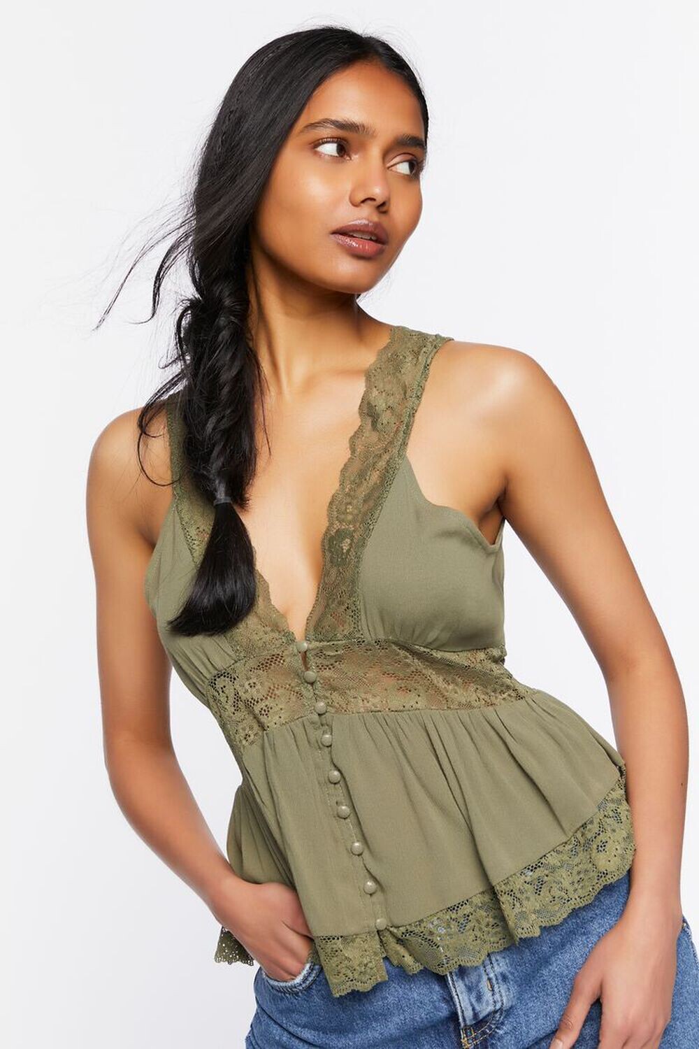 

Кружевной топ с глубоким вырезом Forever 21, оливковый
