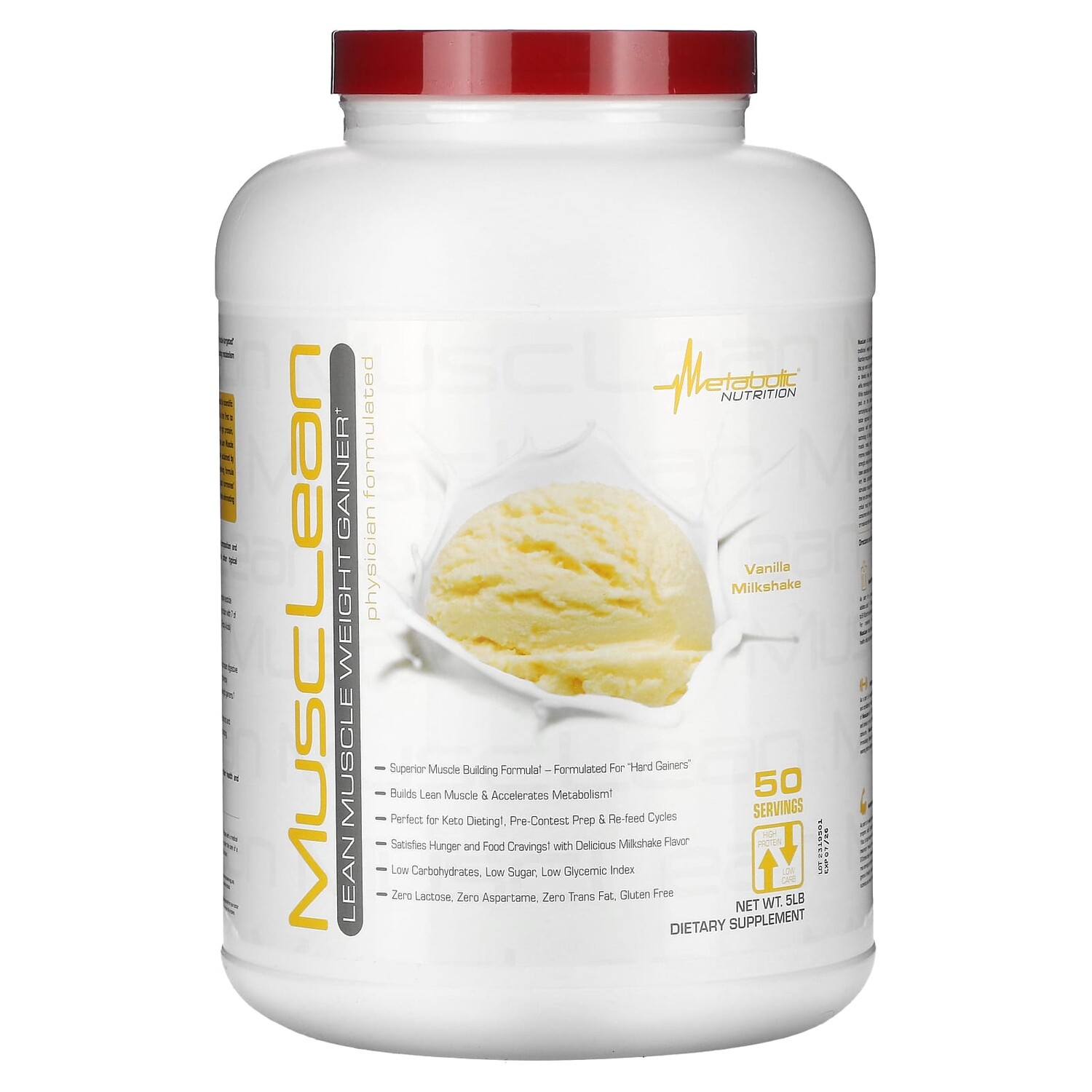 

MuscLean, средство для набора мышечной массы, ванильный молочный коктейль, 5 фунтов, Metabolic Nutrition