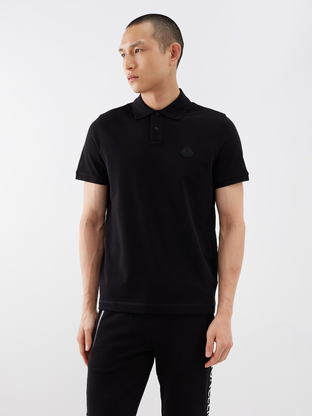 Трехцветная рубашка-поло из хлопкового пике Moncler, черный