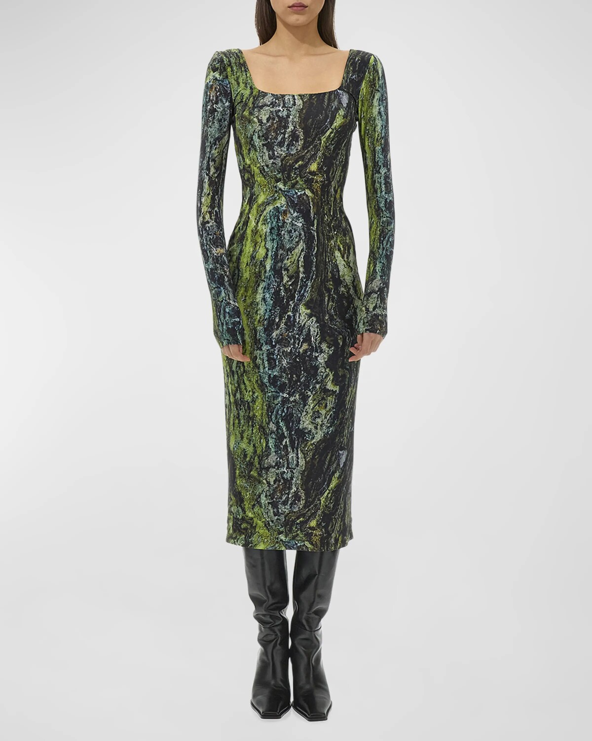 

Платье миди с квадратным вырезом и длинными рукавами Marble Roberto Cavalli, цвет Verde Muschio