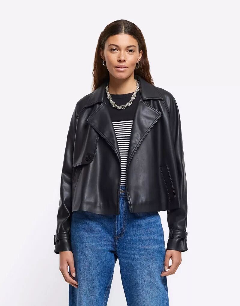 

Черный укороченный тренч из искусственной кожи River Island