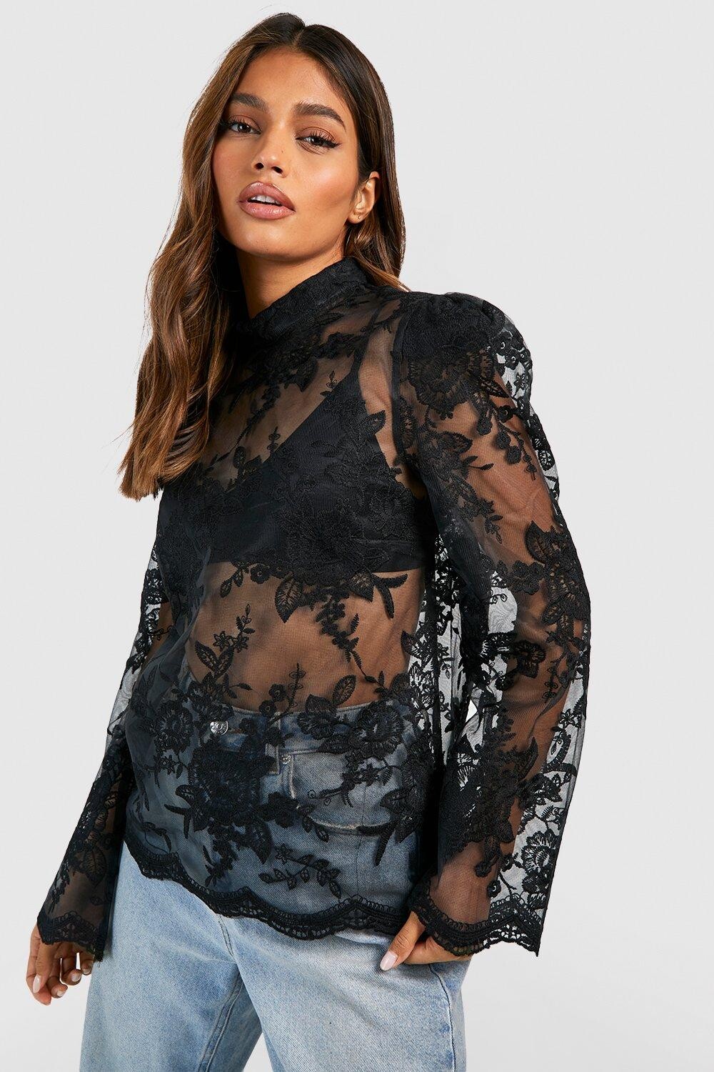 

Топ из кружева органзы с длинным рукавом Boohoo, черный