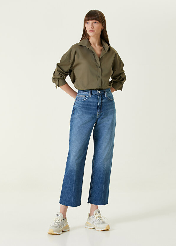 Синие укороченные джинсовые брюки широкого кроя Frame Denim цена и фото