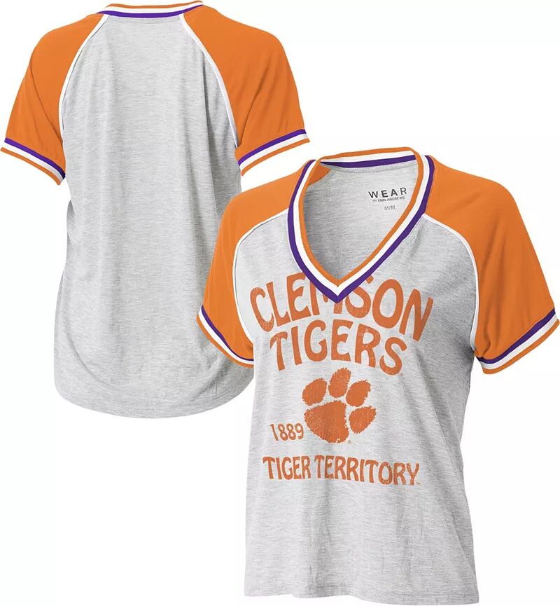 Женская серая футболка реглан с короткими рукавами и v-образным вырезом Wear By Erin Andrews Clemson Tigers
