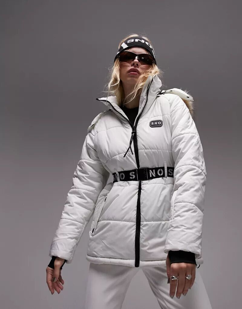 

Бежевая лыжная куртка Topshop Sno с поясом и капюшоном с отделкой из искусственного меха