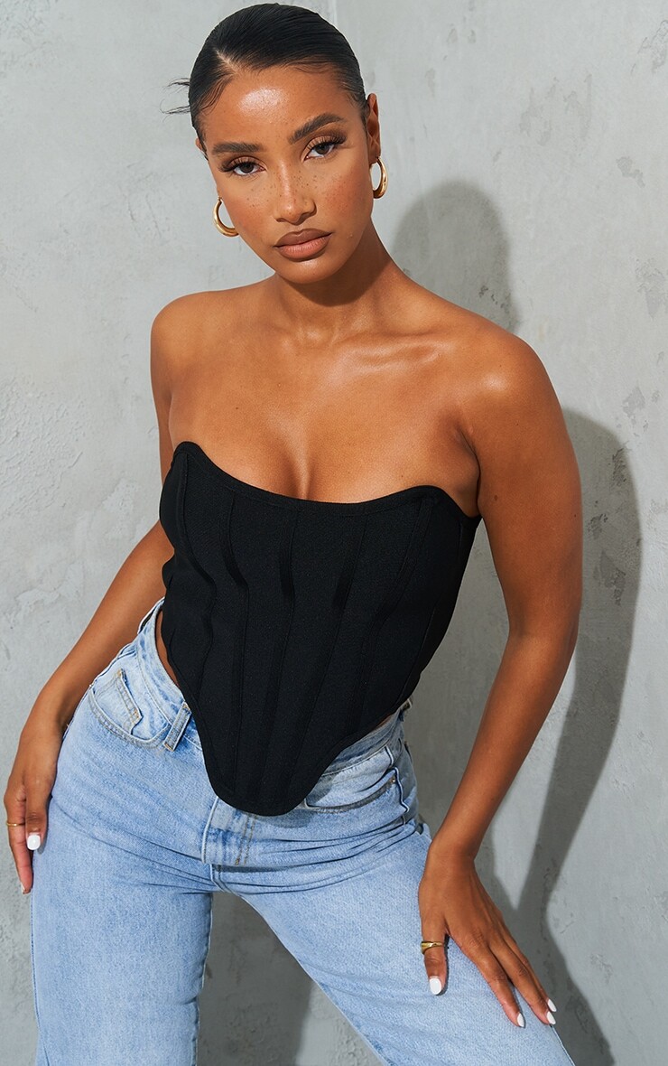 

PrettyLittleThing Структурированное бандо черного цвета с глубоким вырезом на кромке