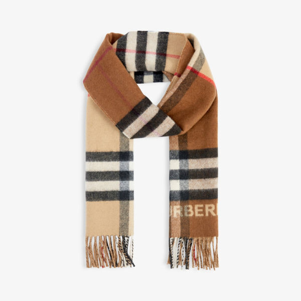 

Кашемировый шарф в клетку с контрастным логотипом Burberry, бежевый
