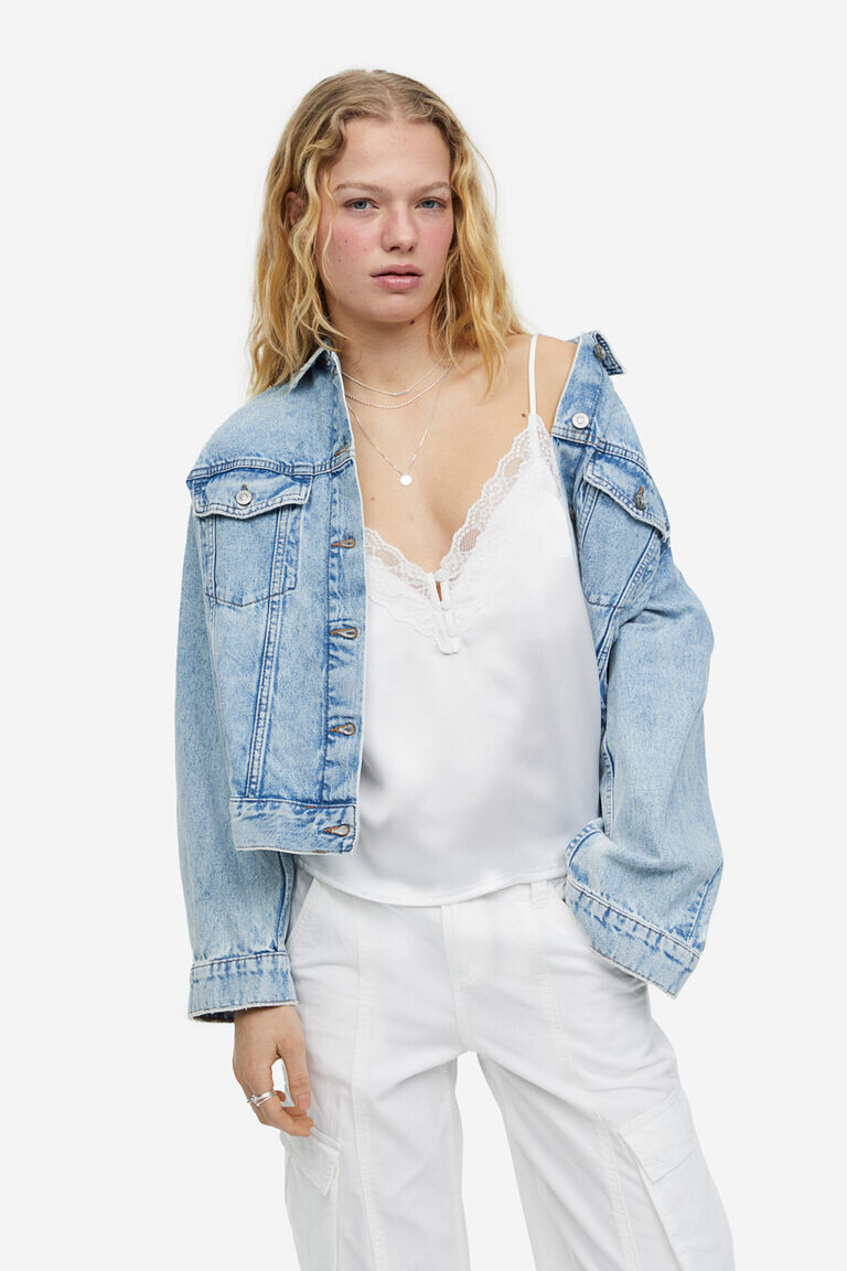 

Атласный топ на бретелях с кружевной отделкой H&M, белый