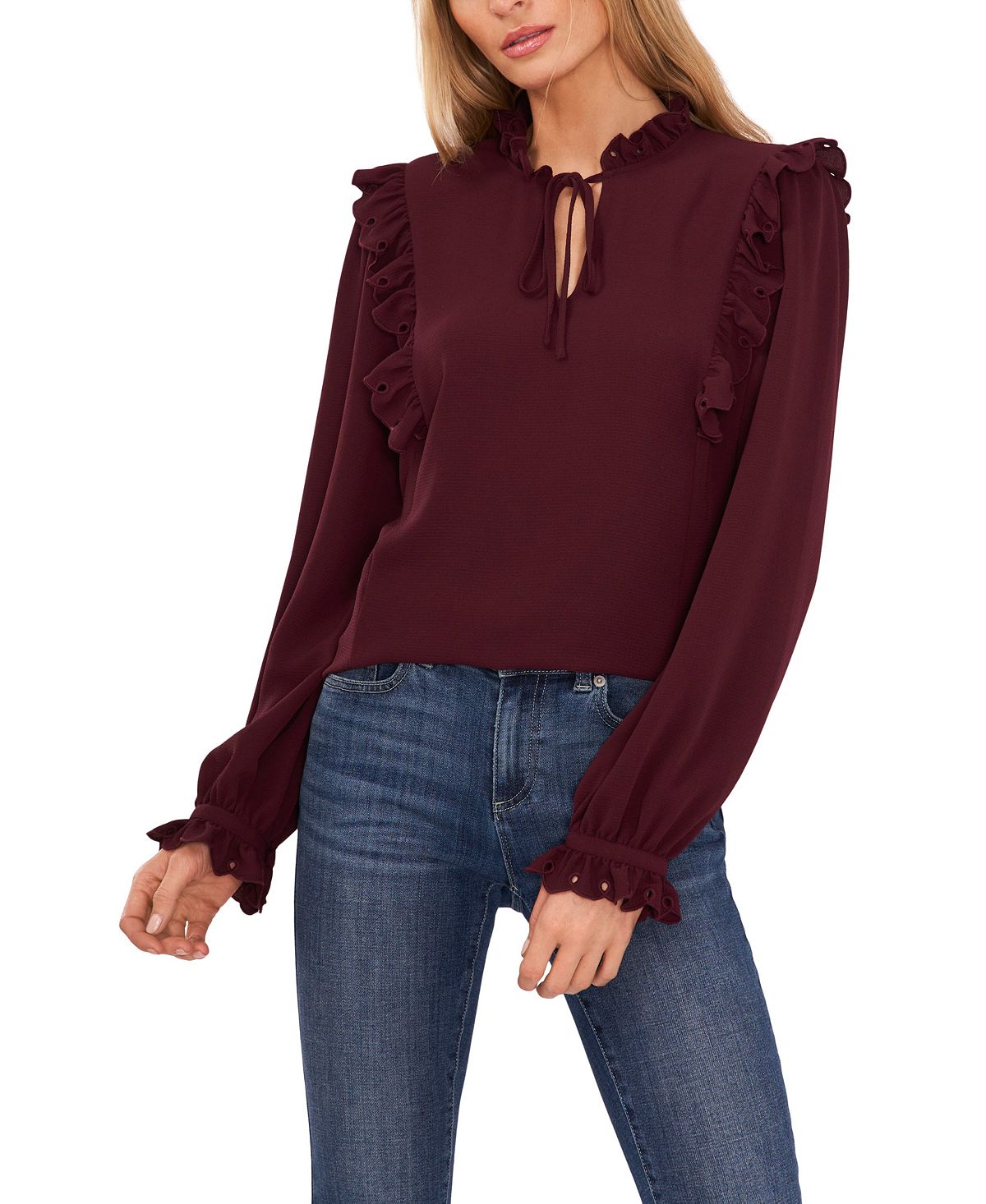 цена Женская блузка с длинными рукавами, рюшами и завязками на воротнике CeCe