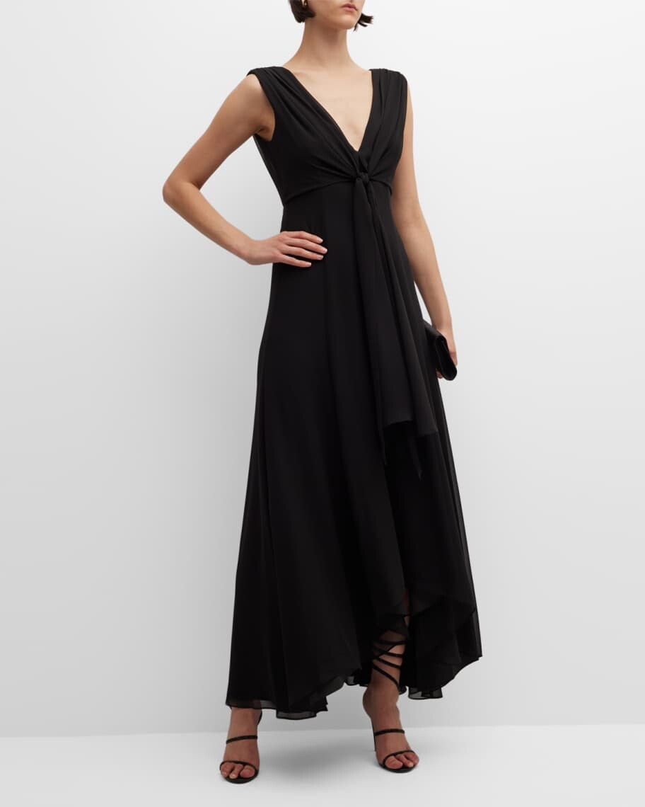 

Платье с глубоким V-образным вырезом и завязками спереди Badgley Mischka Collection