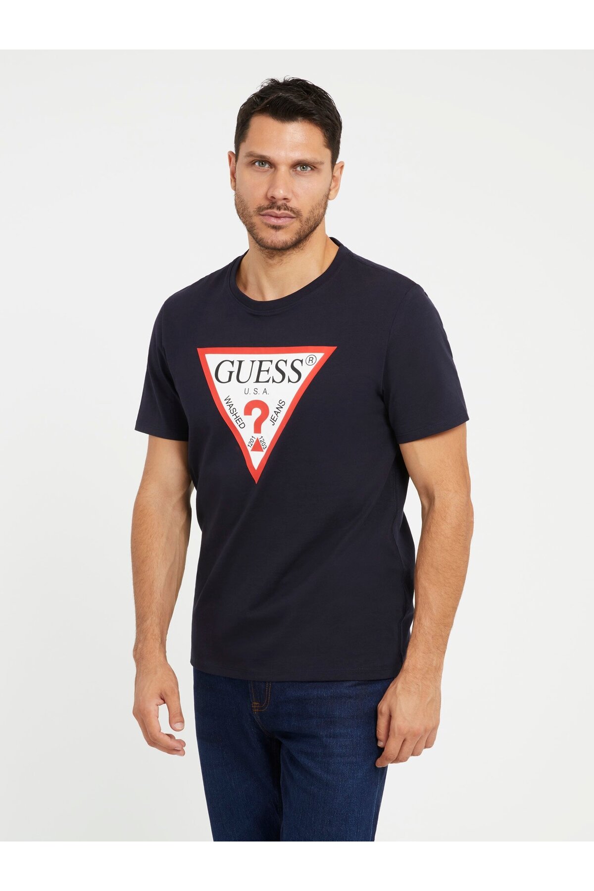Мужская приталенная футболка с оригинальным логотипом Guess, темно-синий