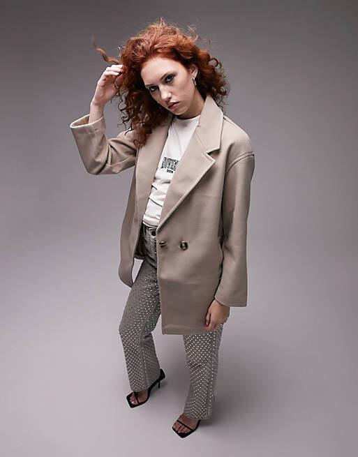 

Двубортное пальто овсяного цвета Topshop