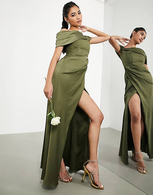 Оливковое атласное платье макси с драпировкой и запахом ASOS EDITION