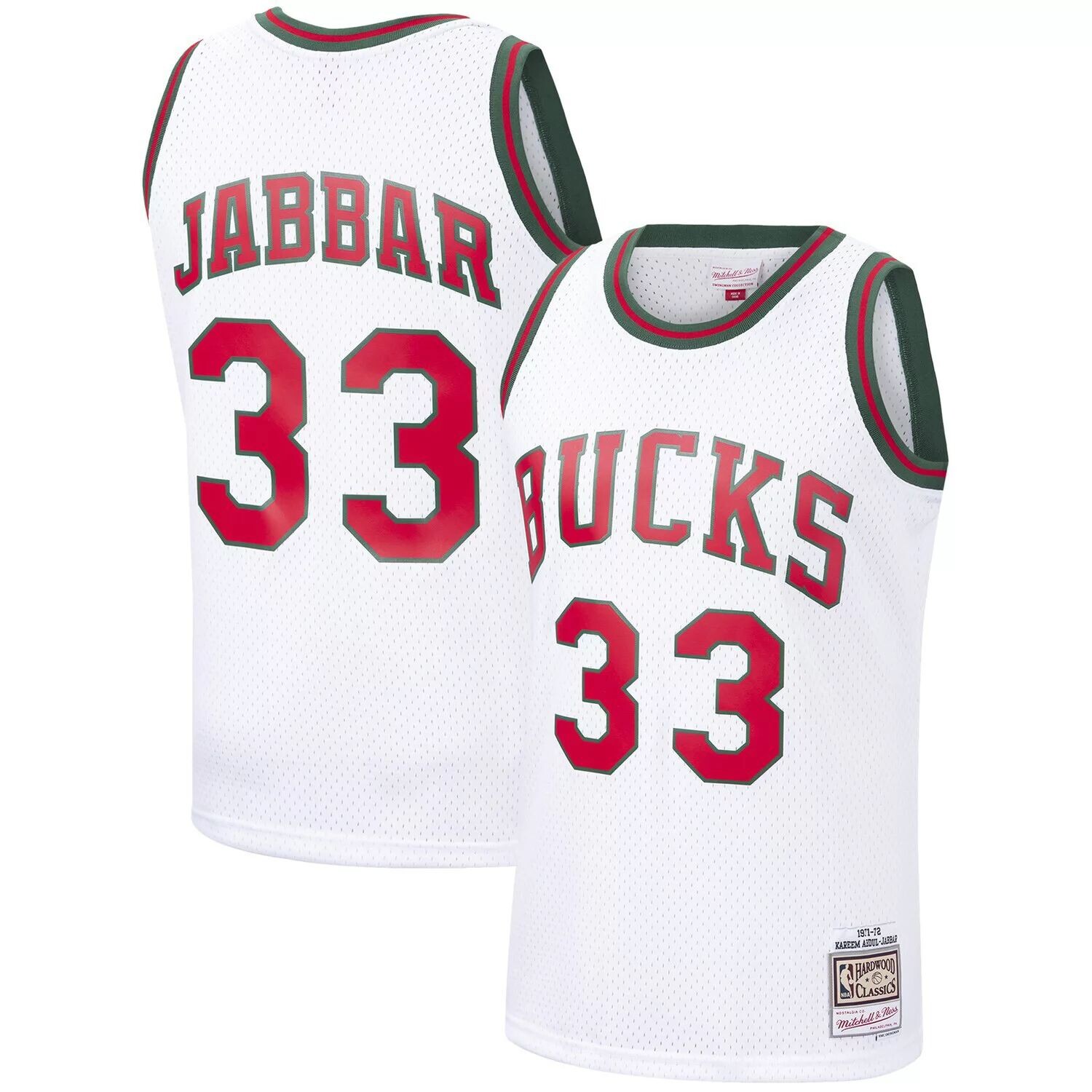 

Мужская белая футболка Mitchell & Ness Kareem Abdul-Jabbar Milwaukee Bucks 1971-72 Hardwood Classics Swingman, Белый