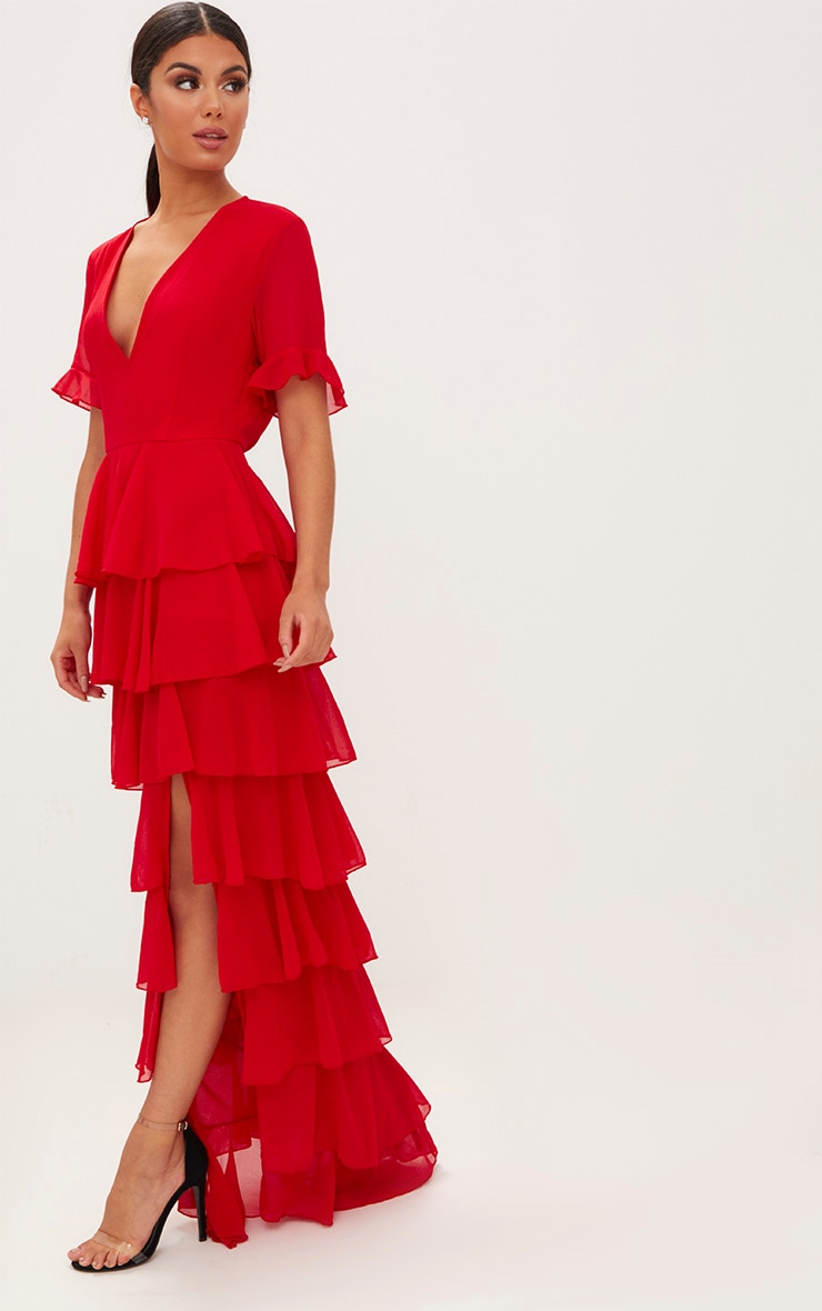 цена PrettyLittleThing Красное шифоновое многослойное платье макси с рюшами