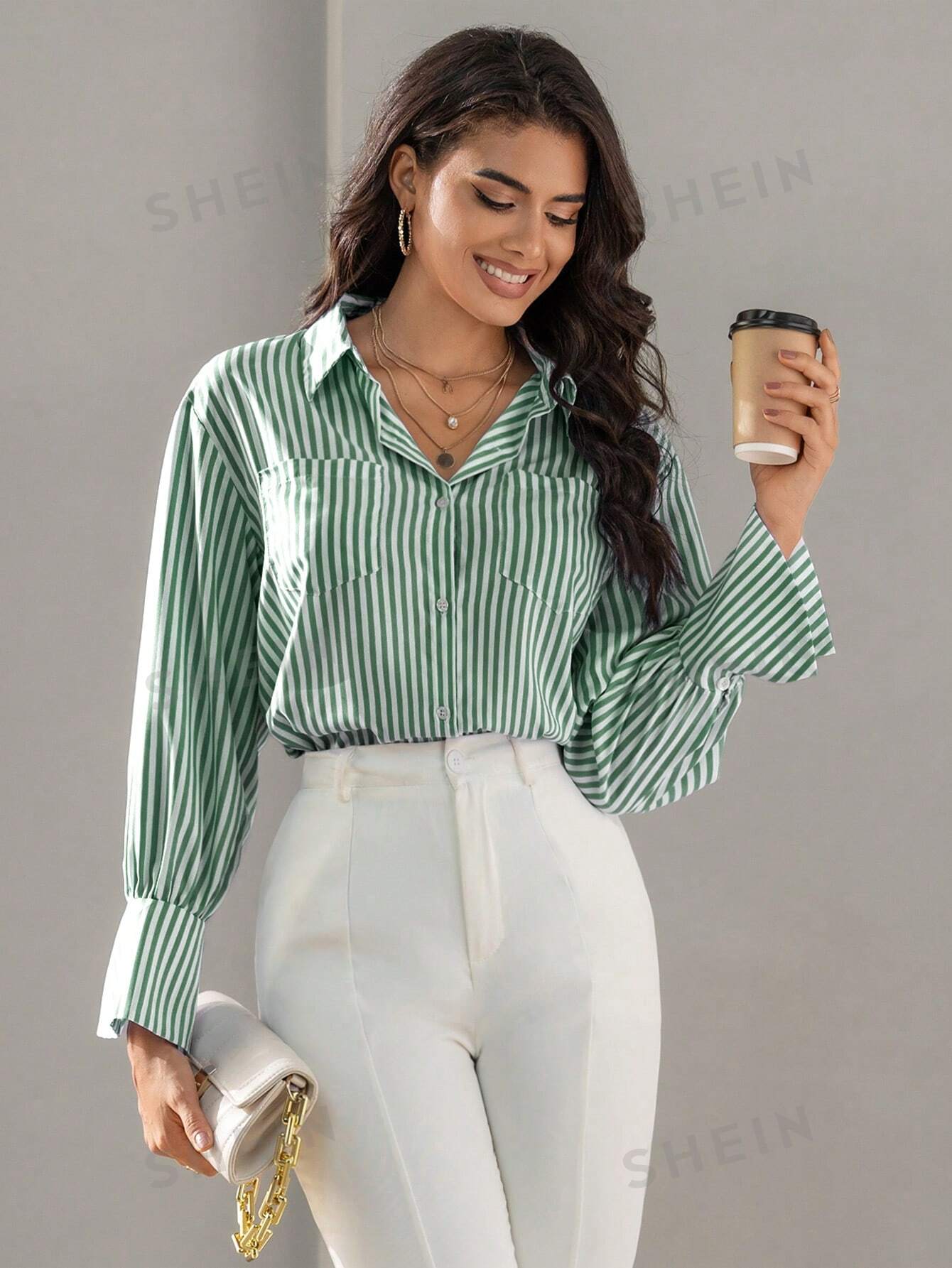 SHEIN BIZwear Рубашка с длинным рукавом в вертикальную полоску, зеленый