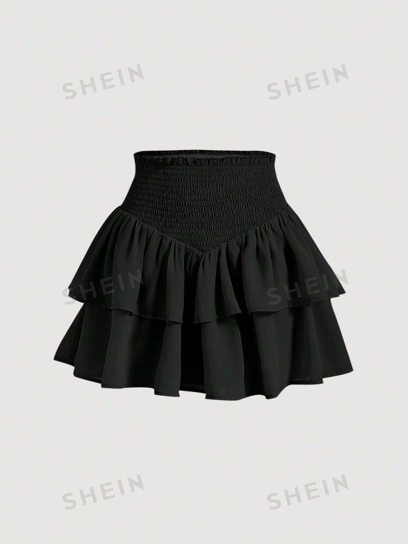 SHEIN MOD SHEIN MOD женская двухслойная мини-юбка с асимметричным подолом и рюшами и присборенной талией, черный