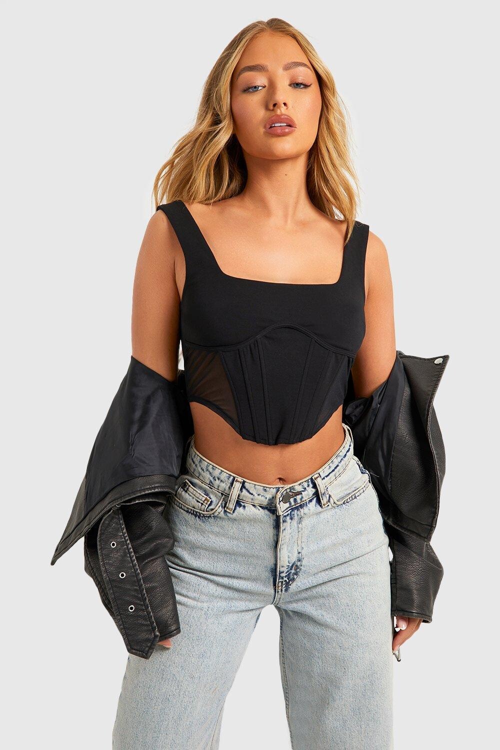 

Корсетный топ с сеточной косточкой Boohoo, черный