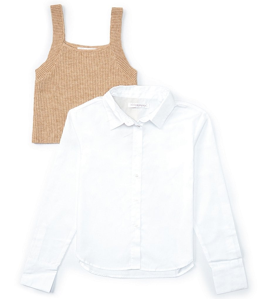 Honey & Sparkle Свитер с двумя рукавами для больших девочек 7–16 лет и блузка на пуговицах спереди, бежевый