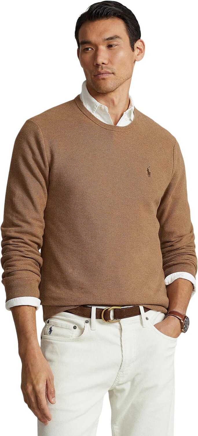 

Текстурированный хлопковый свитер с круглым вырезом Polo Ralph Lauren, цвет Latte Brown Heather