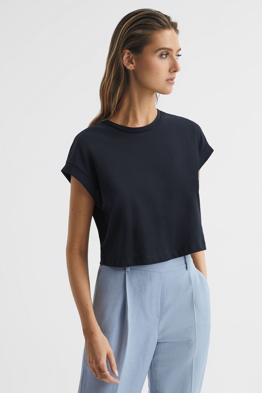 

Короткий хлопковый топ с круглым вырезом Reiss, синий