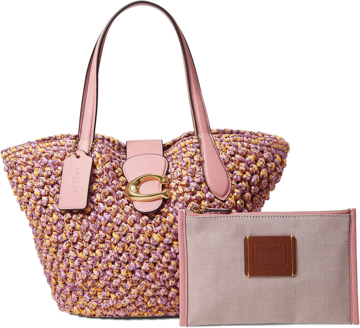 Маленькая соломенная сумка-тоут с текстурой попкорна COACH, цвет Pink/Orange