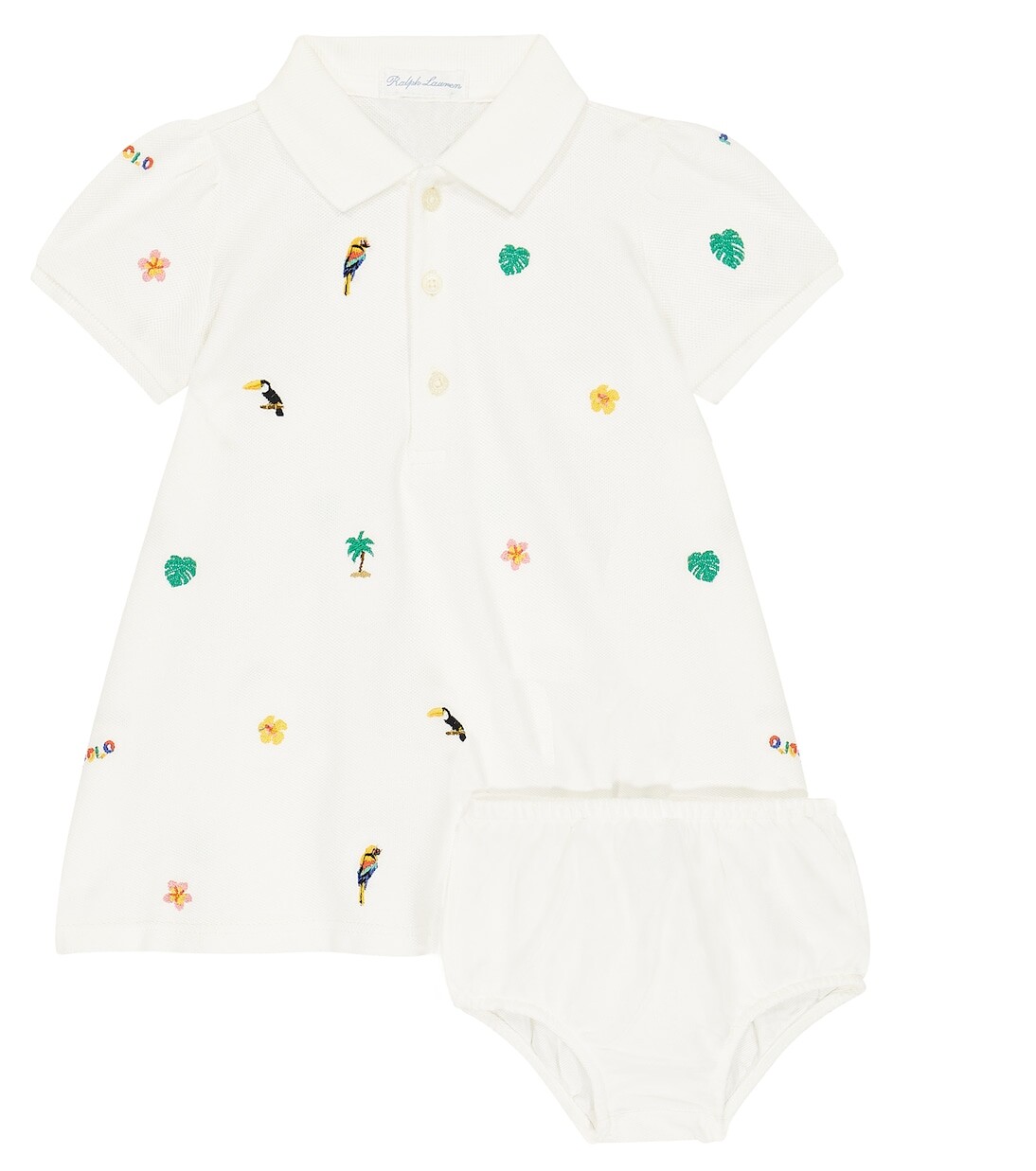 

Детский комплект из хлопкового платья и шароваров с вышивкой Polo Ralph Lauren, белый