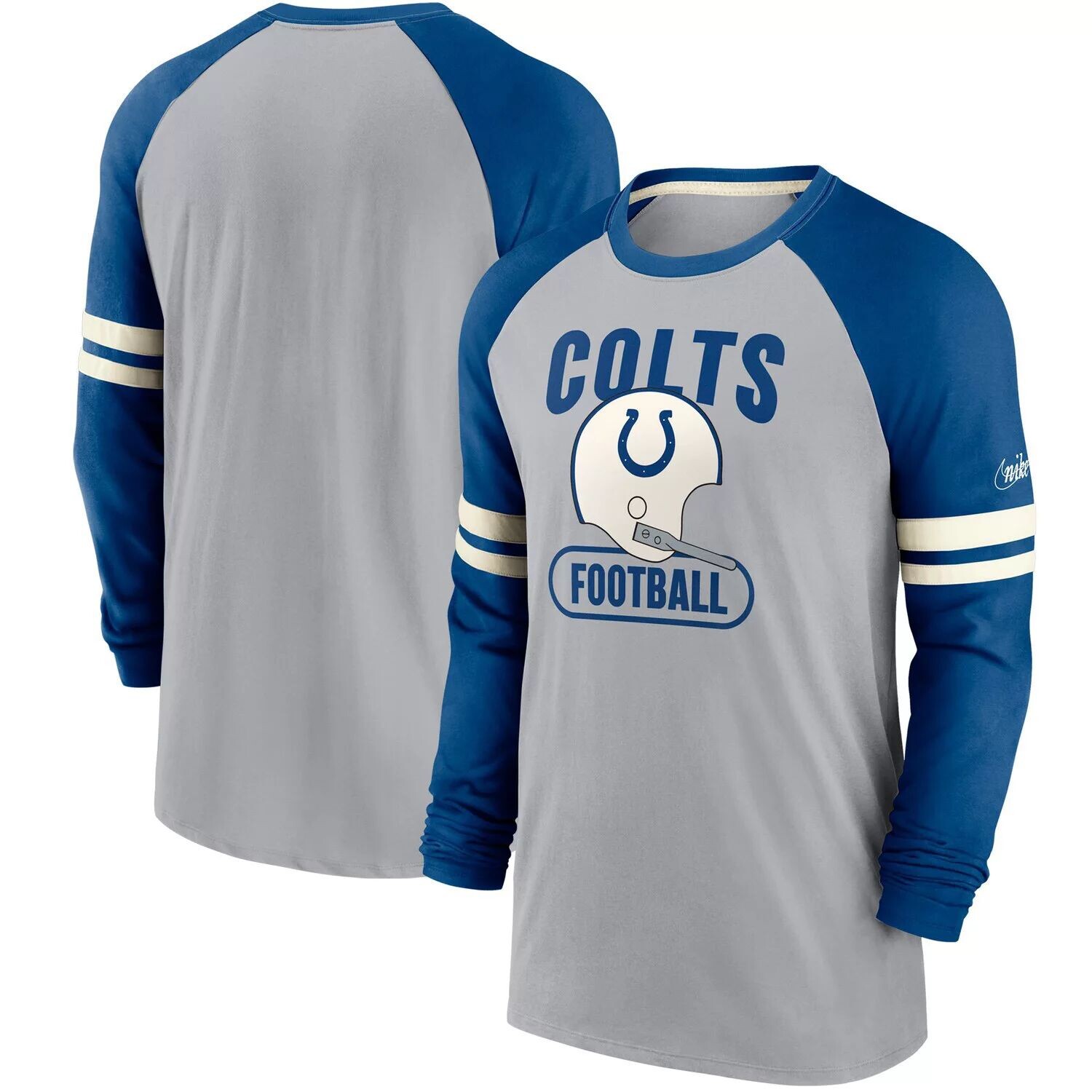 

Мужская футболка Nike Grey/Royal Indianapolis Colts Throwback реглан с длинным рукавом
