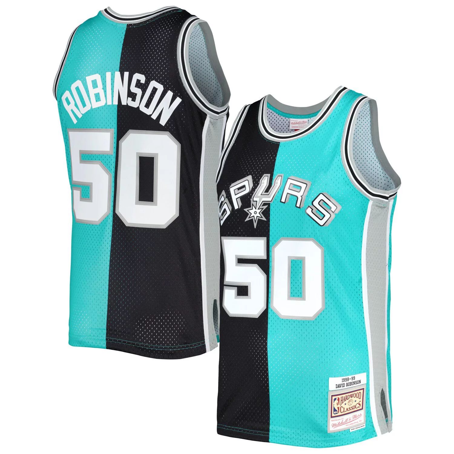 цена Мужская футболка Mitchell & Ness David Robinson, черная/бирюзовая, San Antonio Spurs Hardwood Classics 1998-99 Split Swingman Джерси