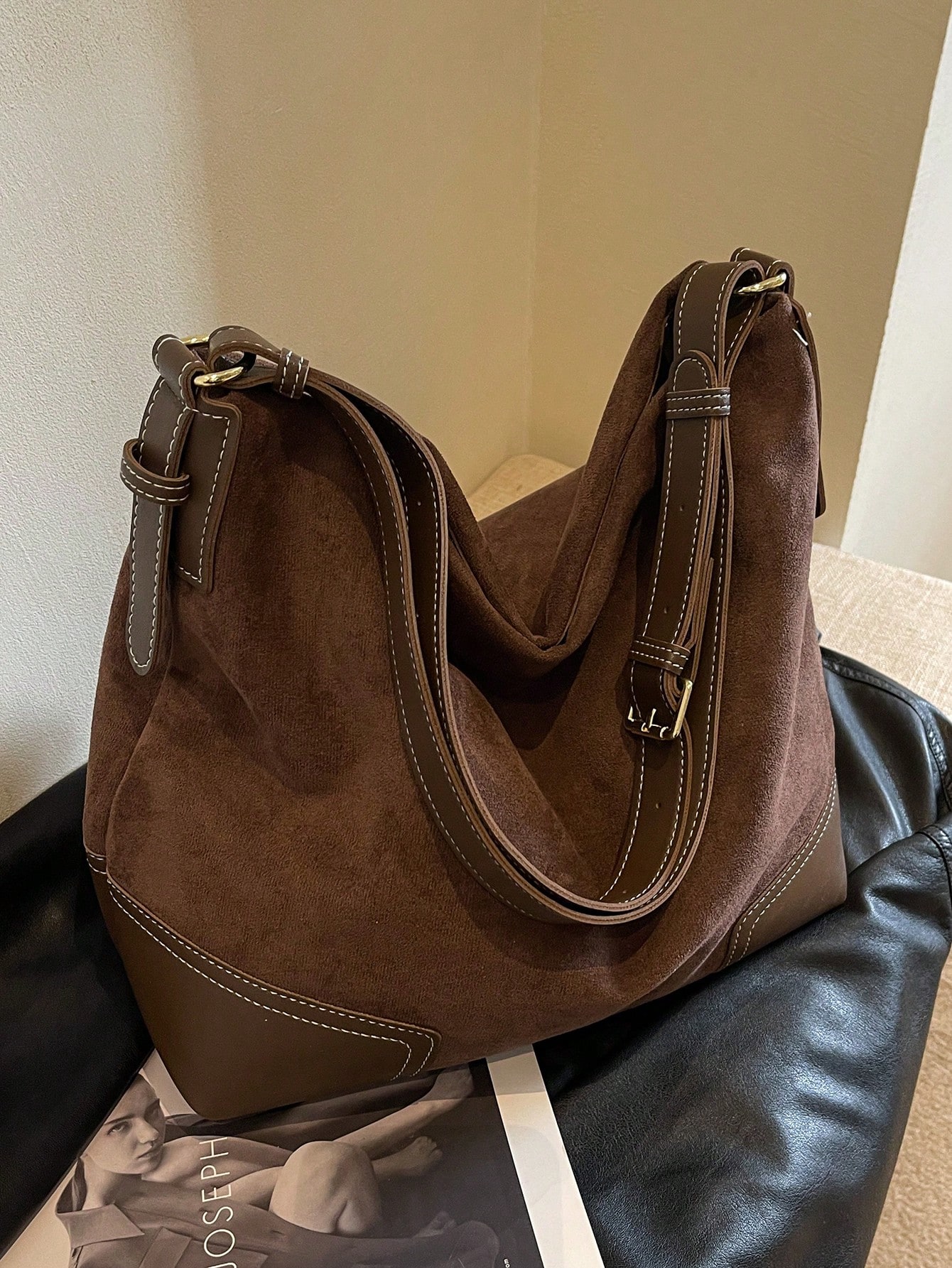 Модная повседневная сумка через плечо из искусственной замши контрастного цвета для женщин, кофейный коричневый