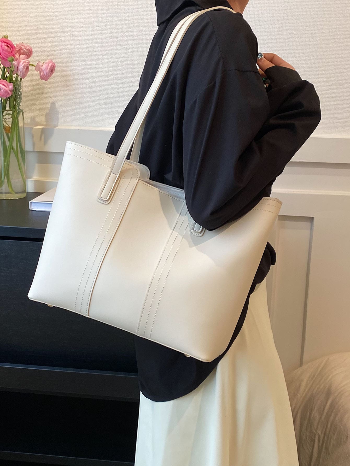 цена Модная однотонная женская сумка-тоут большой емкости, сумка через плечо, белый