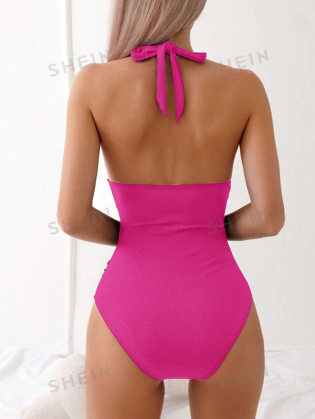 Цельный купальник с открытой спиной и бретельками сплошного цвета, ярко-розовый
