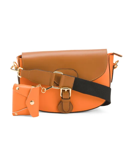 

Кожаная сумка через плечо Saddle в цветных блоках, сделано в Италии Isadora, цвет Papaya Multi
