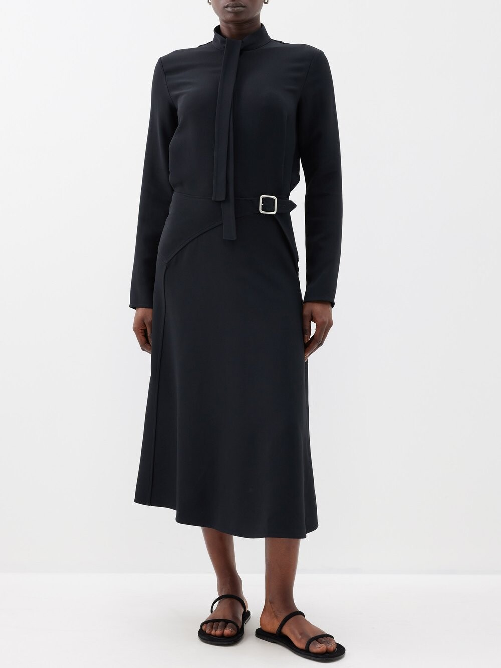

Платье миди из крепа с поясом Jil Sander, черный