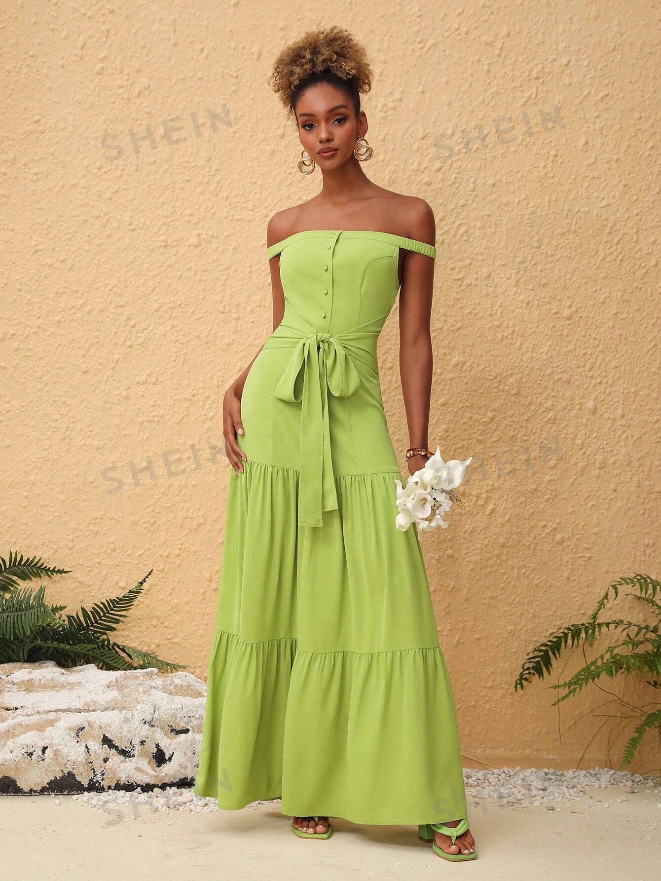 Merline Labissiere сплошной цвет на одно плечо с пуговицами спереди повседневное платье, зеленый женское повседневное платье в полоску с разрезом на пуговицах