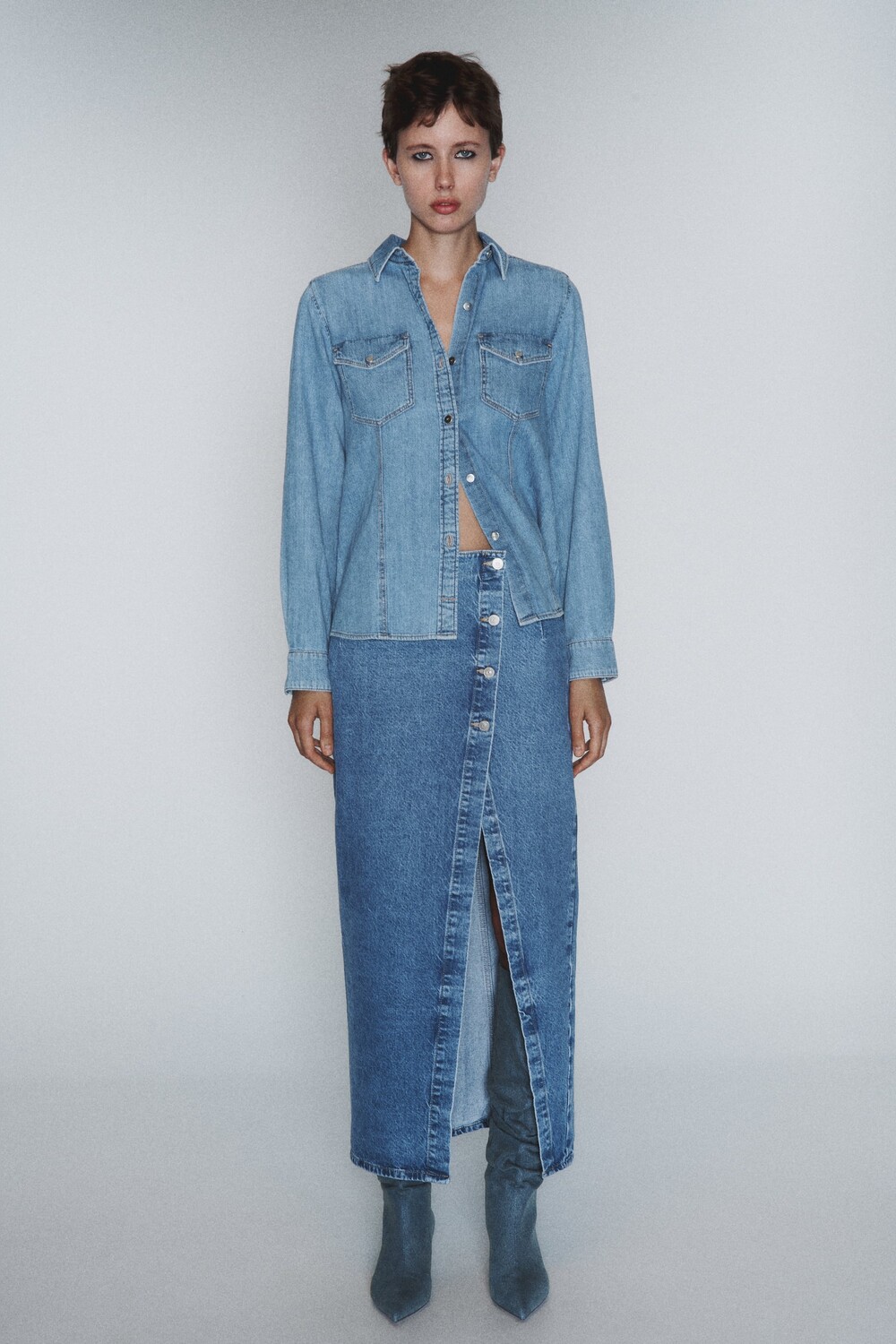 

Z1975 джинсовая рубашка Zara, средне-синий