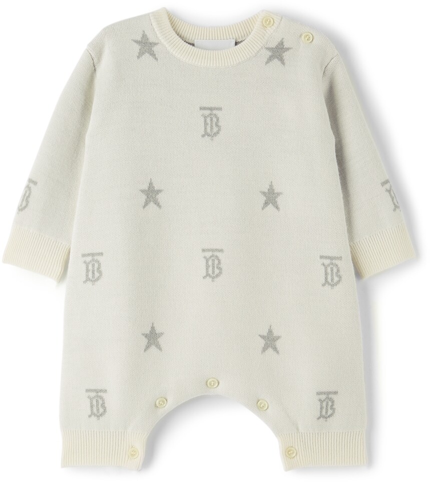 

Белое шерстяное боди со звездами и монограммой цвета слоновой кости Baby White Burberry