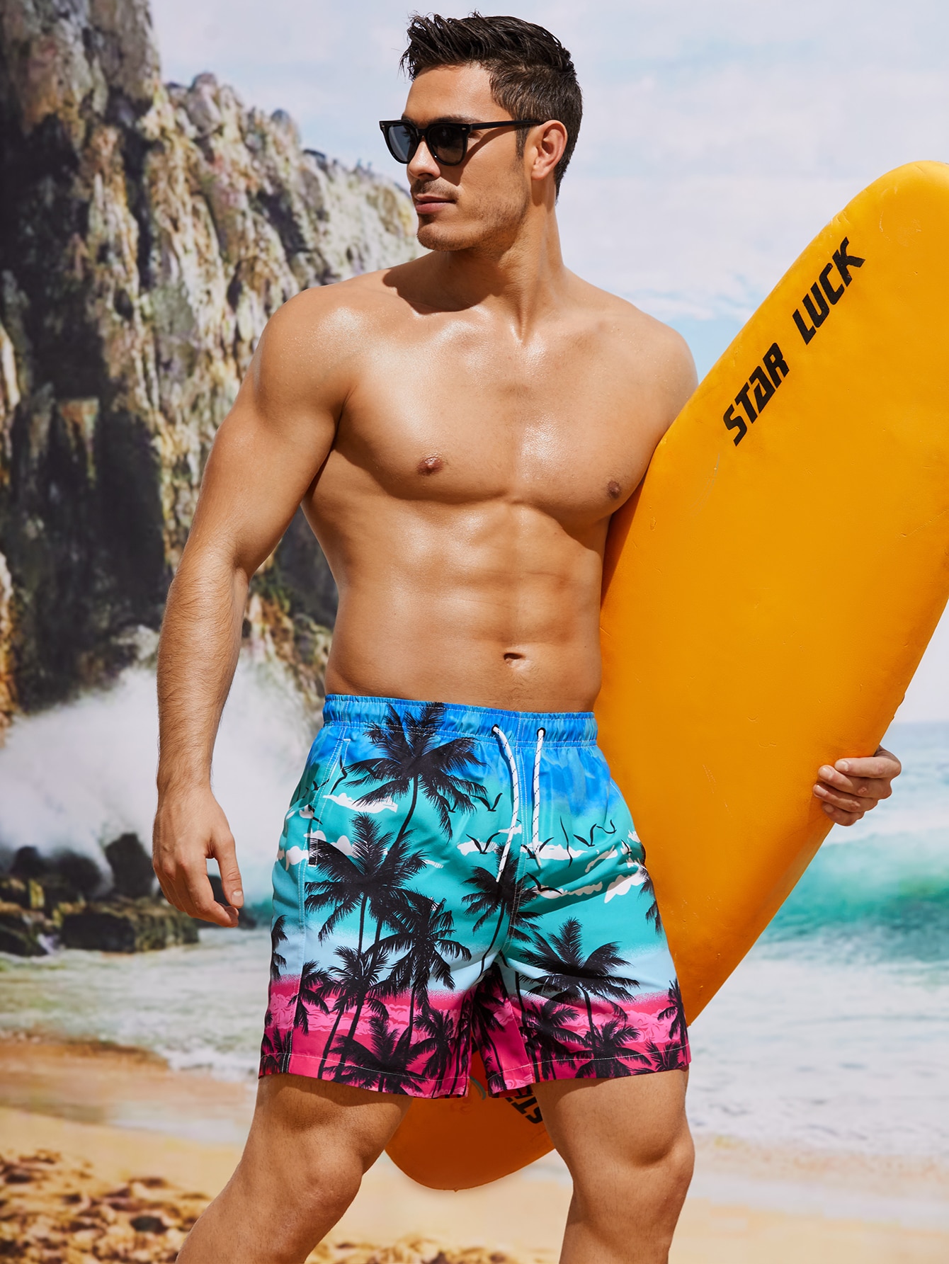 Мужские пляжные шорты с завязками на талии и принтом пальм Manfinity, многоцветный