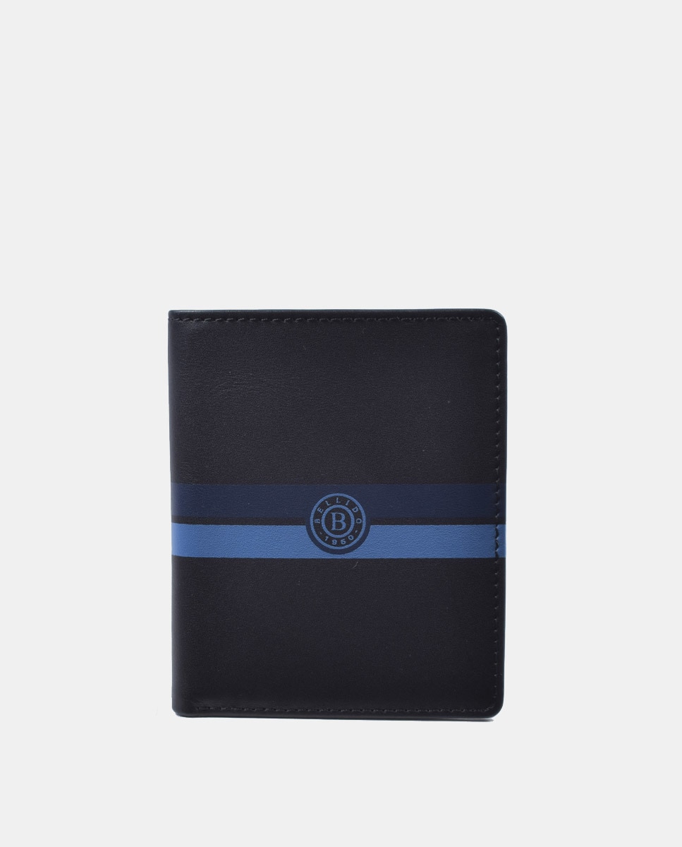 Вертикальный кожаный кошелек с визитницей черного цвета с синими деталями Bellido, черный