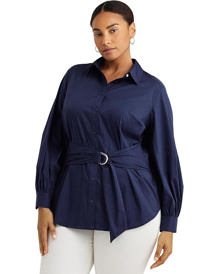 

Рубашка LAUREN Ralph Lauren Plus-Size Tie-Front Cotton-Blend Shirt, нави