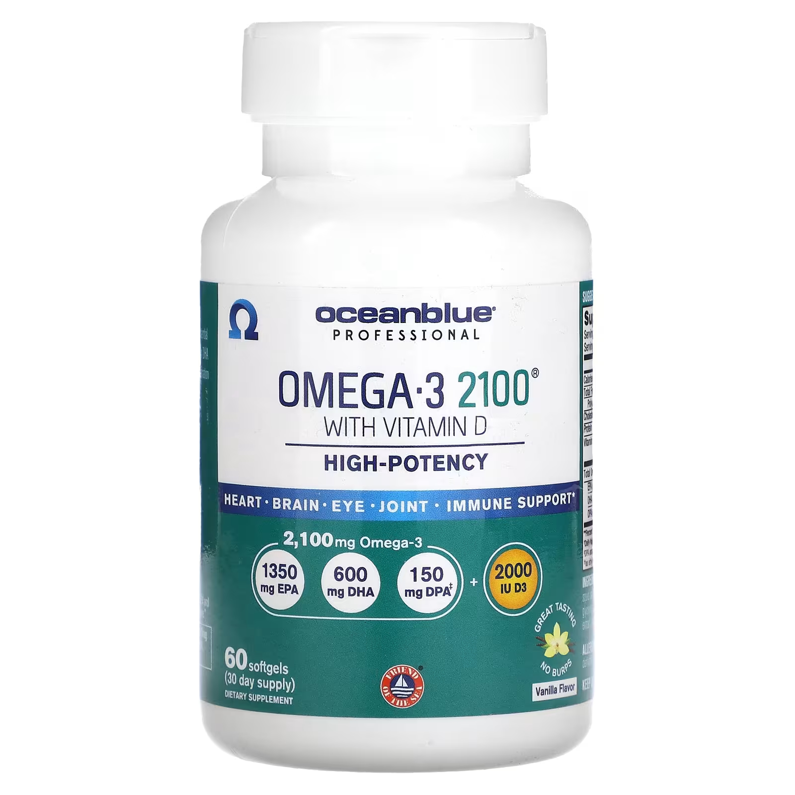 OceanBlue Professional Omega-3 2100 с высокоэффективным витамином D и ванилью, 60 мягких таблеток