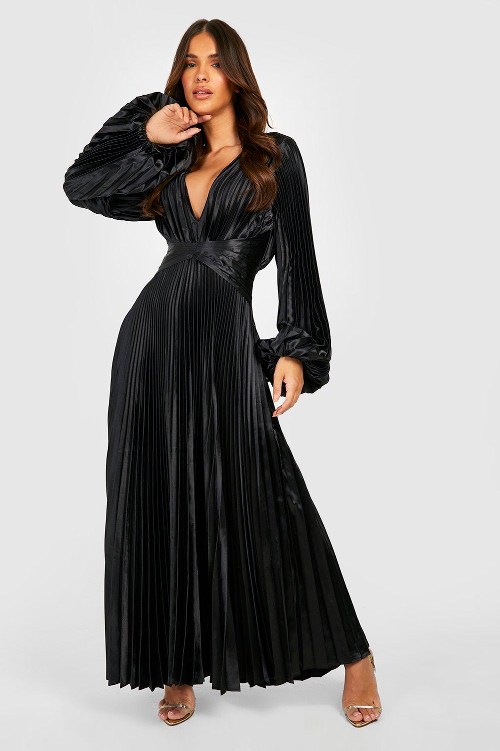 Платье миди с объемными рукавами из плиссированного атласа Boohoo, черный
