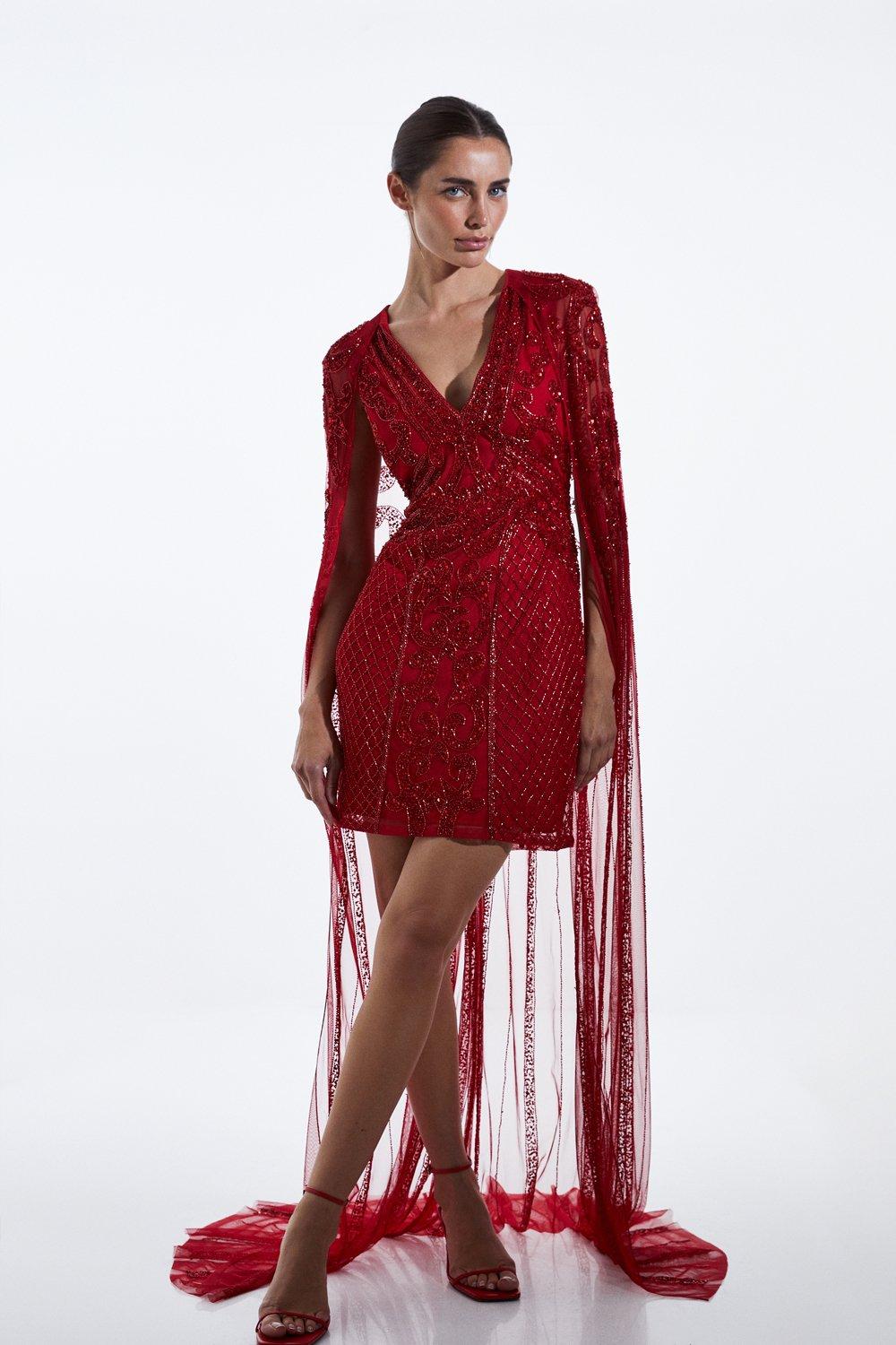 Высокое мини-платье с украшением и накидкой Karen Millen, красный фотографии
