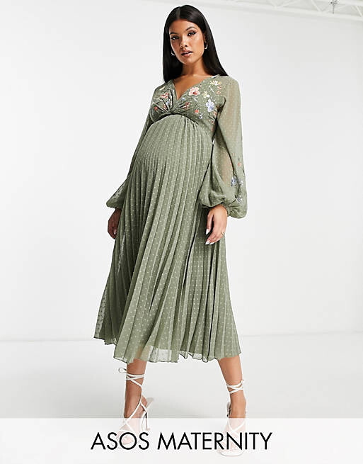 

Плиссированное платье миди цвета хаки с вышивкой по всей поверхности ASOS DESIGN Maternity