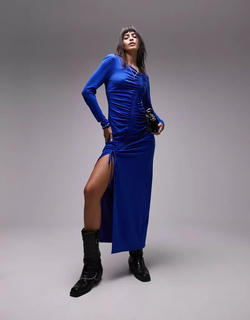 Супермягкое темно-кобальтовое платье миди со сборками спереди и длинными рукавами Topshop