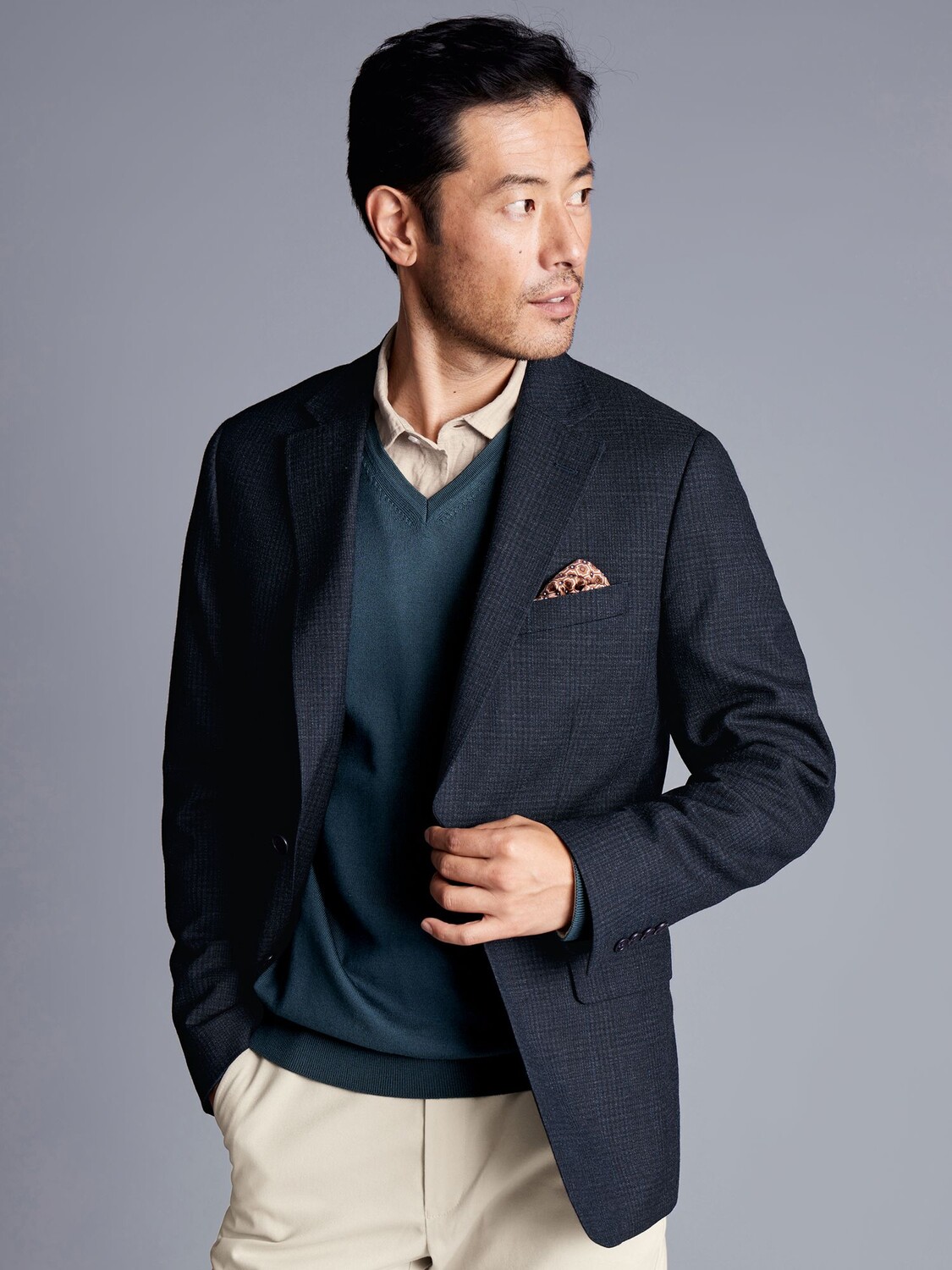 

Шерстяная куртка узкого кроя в клетку Charles Tyrwhitt, джинсовый синий