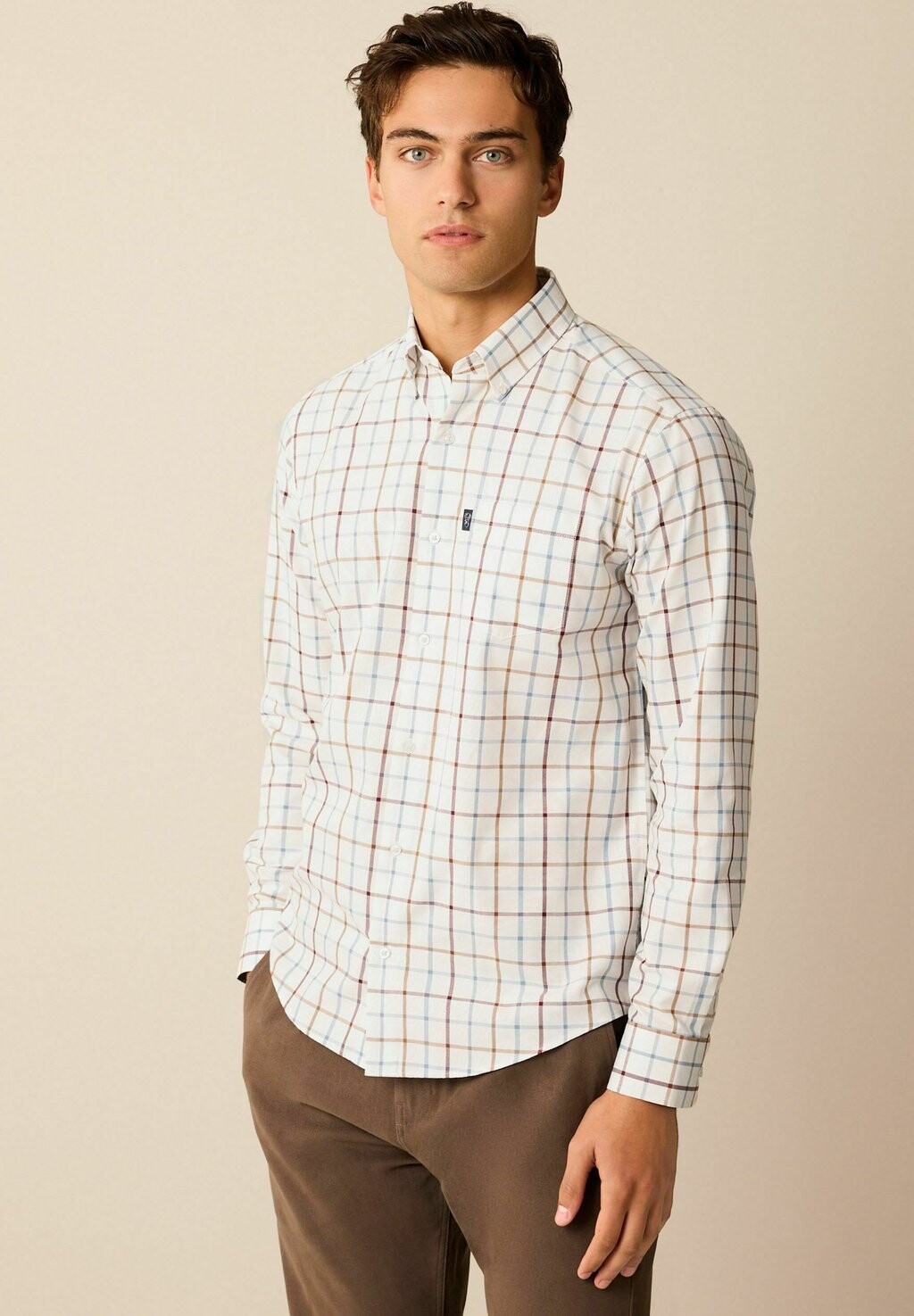 

Рубашка Easy Iron Button Down Oxford Next, цвет cream blue tattersall